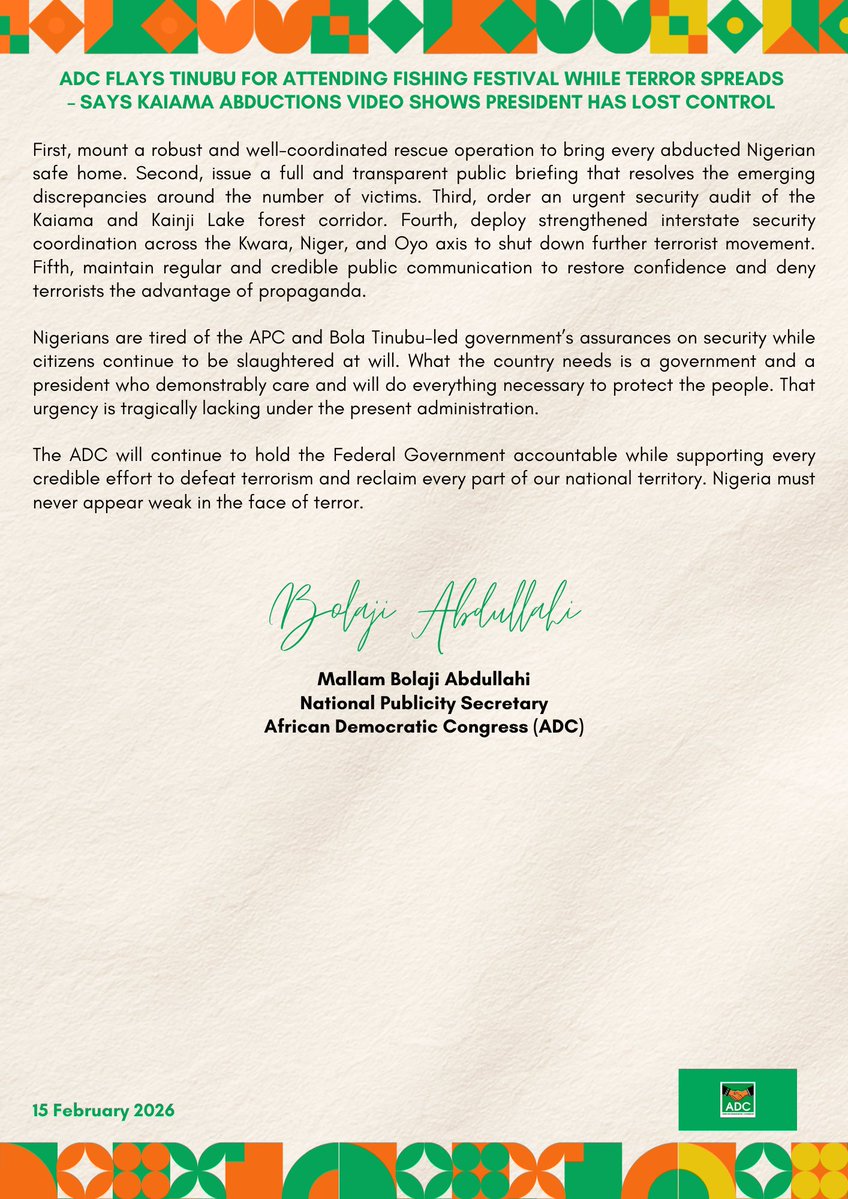 The African Democratic Congress, ADC, is concerned that at a time of rising insecurity, the President and Commander-in-Chief was in Argungu attending a fishing festival, even as credible reports indicate that nearly 1,300 Nigerians have been killed in the last 41 days. Once
