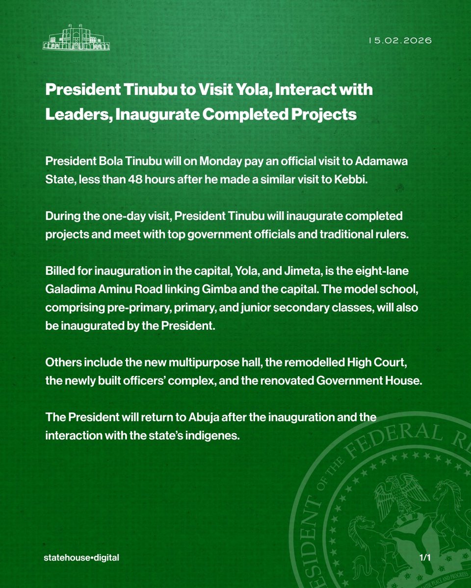 NGRPresident's tweet photo. President Tinubu to Visit Yola, Interact with Leaders, Inaugurate Completed Projects. https://t.co/reUxLlZtrd