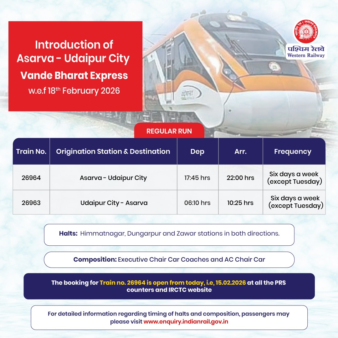 WesternRly's tweet photo. For the convenience of passengers, Western Railway is introducing the Vande Bharat Express between Asarva and Udaipur City.

The inaugural run of the Udaipur City – Asarva Vande Bharat Express will be on 16.02.2026. Regular services will commence w.e.f. 18.02.2026.

Booking for Train Nos. 26964 is open.

For detailed information regarding halt timings  and composition, passengers may please visit https://t.co/5RdYBOpn3V

@RailMinIndia 

#WRUpdates