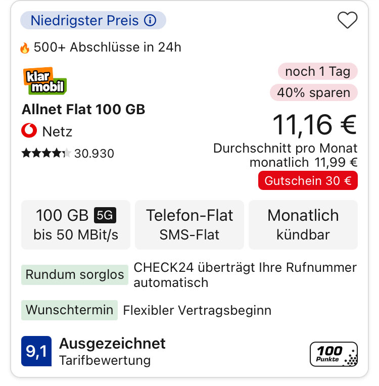 Turkcell’de 50 GB internetli, 12 ay taahhütlü tarife aylık 800₺.

Almanya’da 50 GB internetli, aylık iptal edilebilen tarife aylık 9€. 

Turkcell’de 100 GB internetli, 12 ay taahhütlü tarife aylık 1.150₺.

Almanya’da 100 GB internetli, aylık iptal edilebilen tarife aylık 12€.