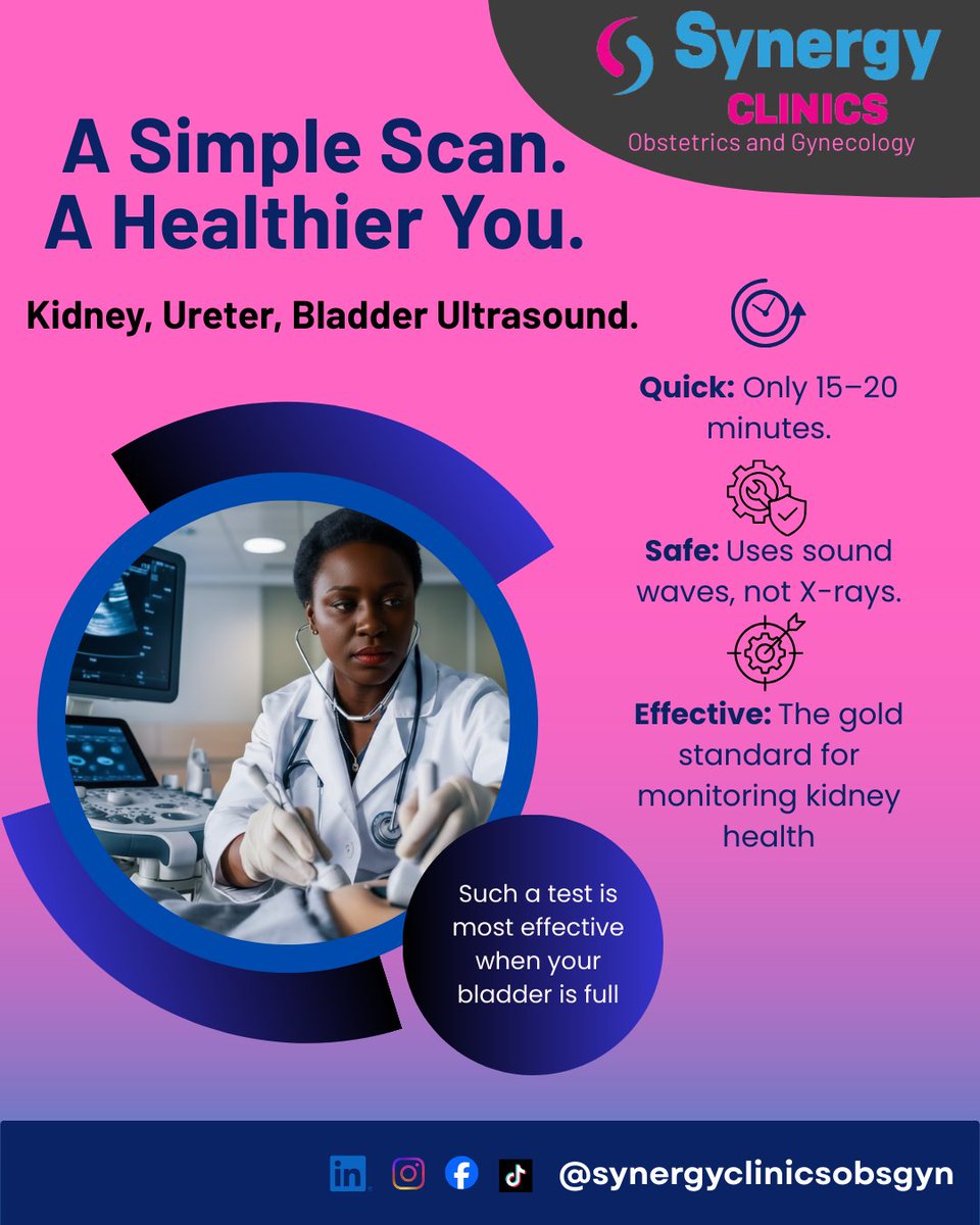 SynergyClinicsP's tweet photo. A simple scan. A healthier you.

Our kidney, ureter &amp; bladder (KUB) ultrasound is:
⏱️ 15–20 minutes
🛡️ Safe – no X‑rays
🎯 Effective for monitoring kidney &amp; bladder health
Best done with a full bladder.
📍 Lumen Square, Parklands | 📞 +254 733 490 867
#KidneyHealth #Ultrasound https://t.co/PQTJEO6b0f