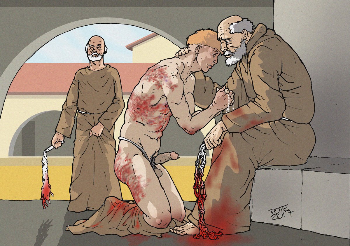 These perverted young men are placed in monasteries to overcome their sins. We monks have to punish their hot bodies, and their sinful parts to save their souls. What amuses me most is that the more I whip them, the more excited the sinners become. bdsmmaledrawings.blogspot.com/2017/01/monks-…