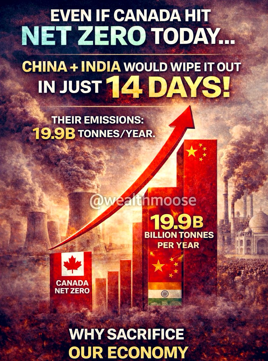 Even If Canada hit NET ZERO today ..

(saving 768M tonnes GHG/year), 

🇨🇳 🇮🇳 
China + India would wipe it out in JUST 14 DAYS! 

Their emissions: 19.9B tonnes/year. 

Why sacrifice our economy for nothing?