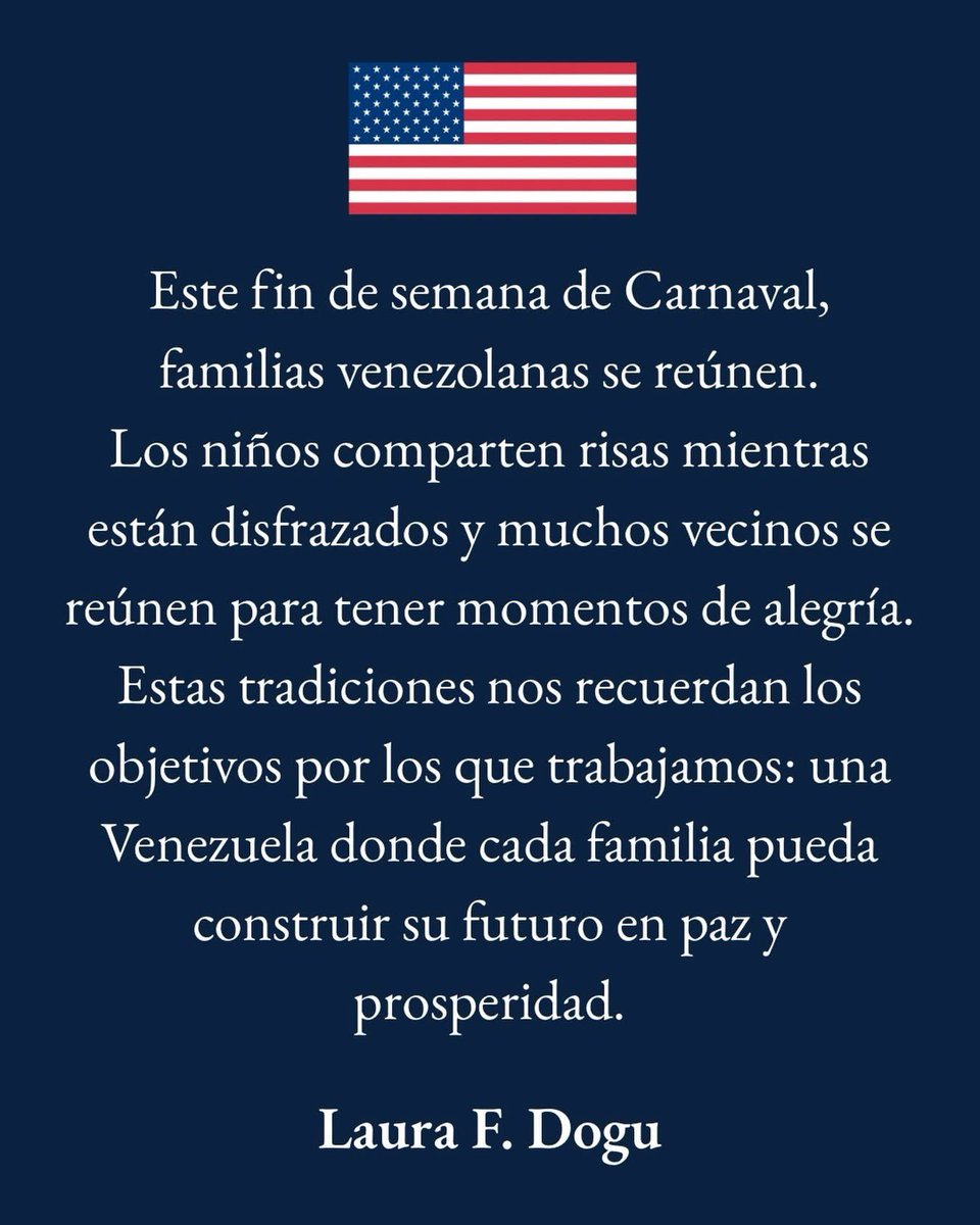 Laura Dogu Anuncia que estos son los Primeros #Carnavales que pasa en #venezuela y nos recuerda los objetivos por los cuales trabajan .! #USA #embajada