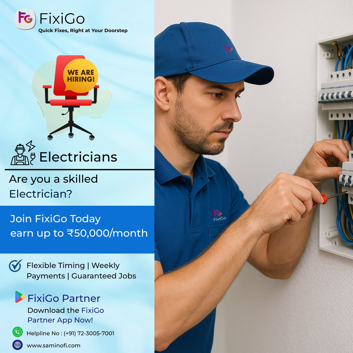 samino_fi's tweet image. ⚡ Electrician Job Hiring in Your City!

FixiGo is hiring skilled electricians for wiring, repair &amp;amp; installation work. Daily job booking + high income opportunity. Flexible timing available.

📞 72-3005-7001

#ElectricianJob #HiringNow #FixiGo #SaminoFi