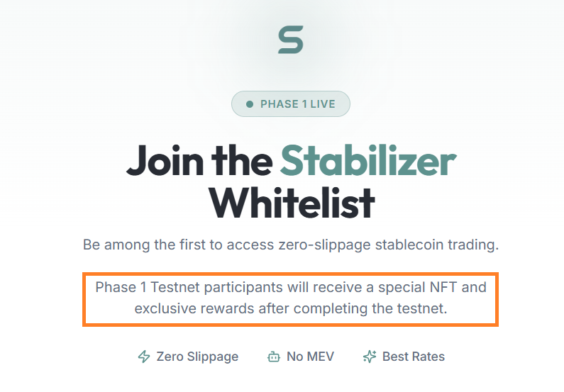 .<a href="/StabilizerFi/">Stabilizer</a> exclusive Testnet whitelist 😱

✅Cost - 🆓                               
✅Benefits - A special NFT and exclusive rewards.

✔️Go to - stabilizer.finance/whitelist
✔️Fill form - Done.

                  [ Fill fast - less than 1 hour left ]

📌Now wait for testnet