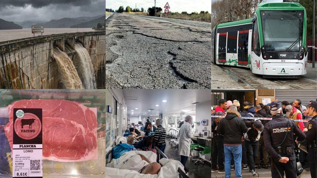 Las carreteras destruidas, las presas en estado crítico, Red Eléctrica avisando de posibles apagones, ferrocarriles descarrilando, la sanidad colapsada, la vivienda inasumible, la bolsa de la compra por las nubes y los consulados regularizando delincuentes.

Pero en la misma