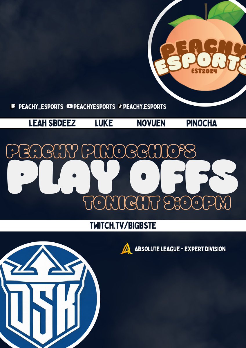 🚨 Peachy Pinocchio's vs DSK Academy 🚨

WINNERS FINAL 
🟡 <a href="/Absolute_League/">Absolute League</a> 
🕐 9:00PM GMT
📹 twitch.tv/bigste 

🍑 <a href="/leah_sbdeez/">Leah</a>
🍑 <a href="/lukerobinson641/">Luke Robinson</a> 
🍑  Novuen 
🍑  Pinocha

<a href="/DSKgaming_EU/">DSK Gaming</a>