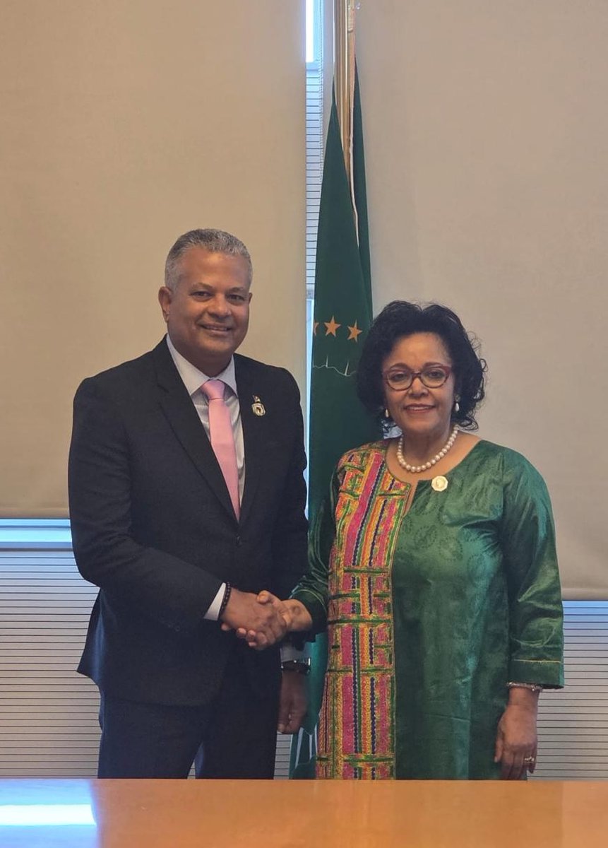 StateHouseSey's tweet photo. On the sidelines of the 39th #AUAssembly, VP @SebastienPillay met with @MeneWamkele to strengthen trade under AfCFTA and address logistical barriers for island nations, @nardosbthomas to ensure equitable support for SIDS https://t.co/Q3b91W1bDV