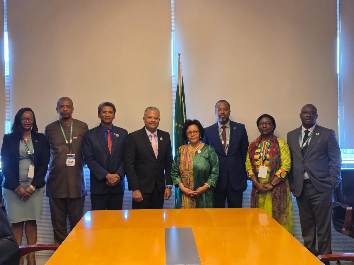 StateHouseSey's tweet photo. On the sidelines of the 39th #AUAssembly, VP @SebastienPillay met with @MeneWamkele to strengthen trade under AfCFTA and address logistical barriers for island nations, @nardosbthomas to ensure equitable support for SIDS https://t.co/Q3b91W1bDV