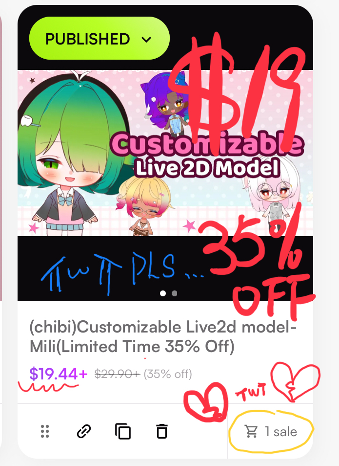 Hey guys, the customizable chibi model is only $19.44 right now. I spent over half a month on this 🥺🥺 why does no one seem to notice it?#artmoots #vtuber #customizableVtuber #smallartists