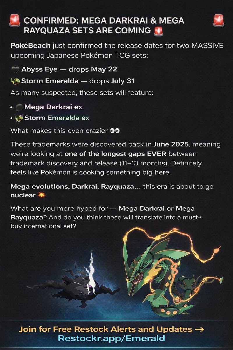 🚨 New Pokemon Sets Confirmed🚨

Below is the article to get all the details and to stay up to date. Join here at Restockr.app/emerald to get alerted the moment these sets go live or cards are revealed

Source: pokebeach.com/2026/02/abyss-…

#pokemon #pokemontcg