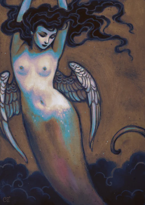 I really enjoy this little series of winged serpentine sirens that I call Hybrids. I see them as muses of inspiration, inhabiting liminal dimensions.