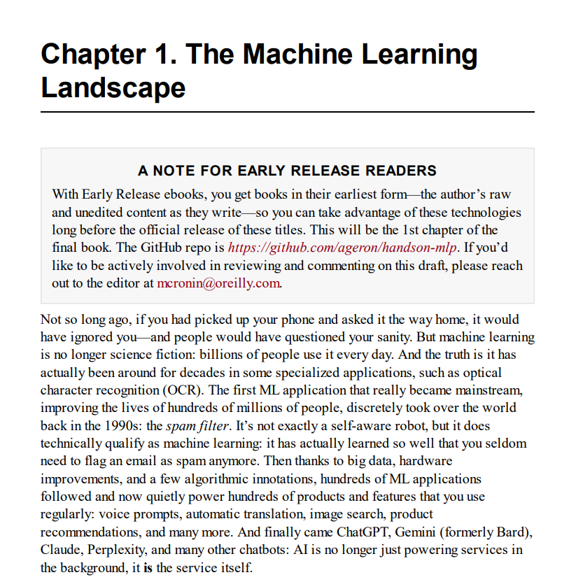 Chapter 1 of HOML is finished. 
It took me months to complete a single chapter because I wasn’t consistent, and it’s my first time learning from a book.  

Gonna start chapter 2: End-to-End Machine Learning Project next