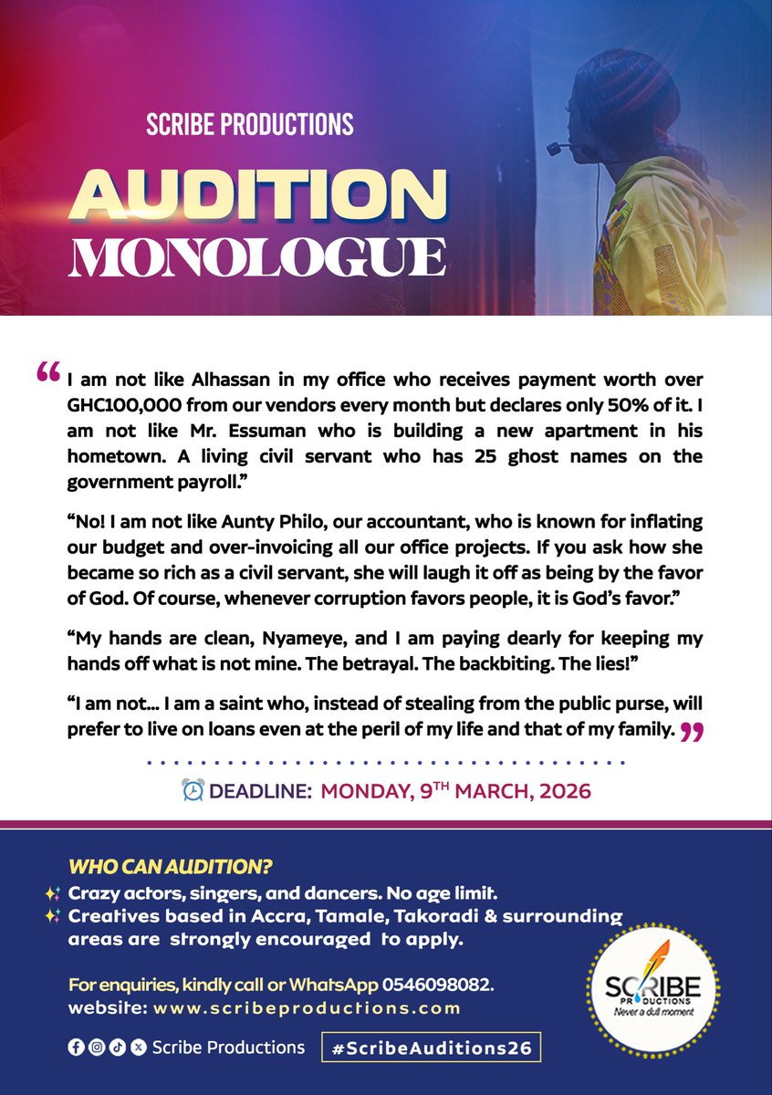 ScribeProd's tweet photo. Step into destiny. Show us what you got with this audition monologue 🔥
Deadline: March 9th, 2026
No age limit. Show up!
#ScribeAuditions26
#GlobalTheatre
#ScribeProductions
#ImpactfulStorytelling
#GetReadyToRumble https://t.co/rgDNhkloKu