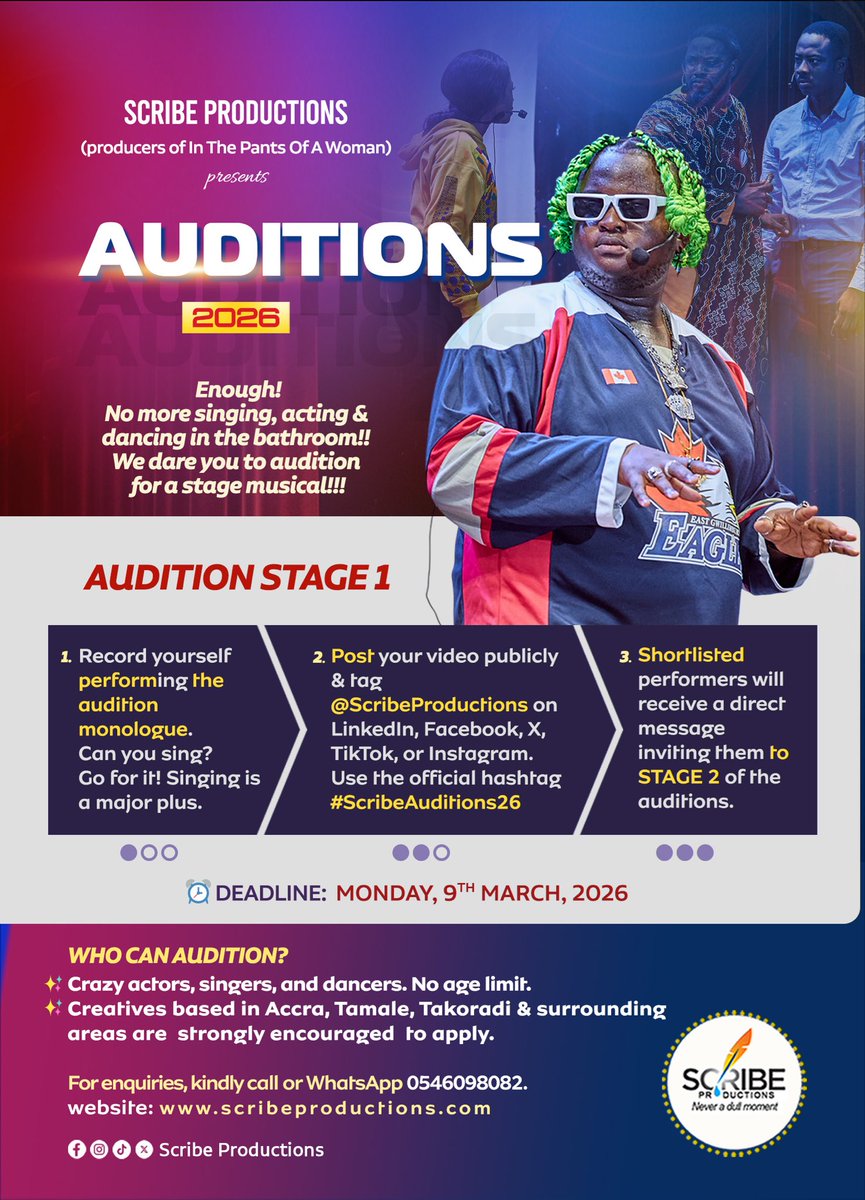 ScribeProd's tweet photo. Step into destiny. Show us what you got with this audition monologue 🔥
Deadline: March 9th, 2026
No age limit. Show up!
#ScribeAuditions26
#GlobalTheatre
#ScribeProductions
#ImpactfulStorytelling
#GetReadyToRumble https://t.co/rgDNhkloKu