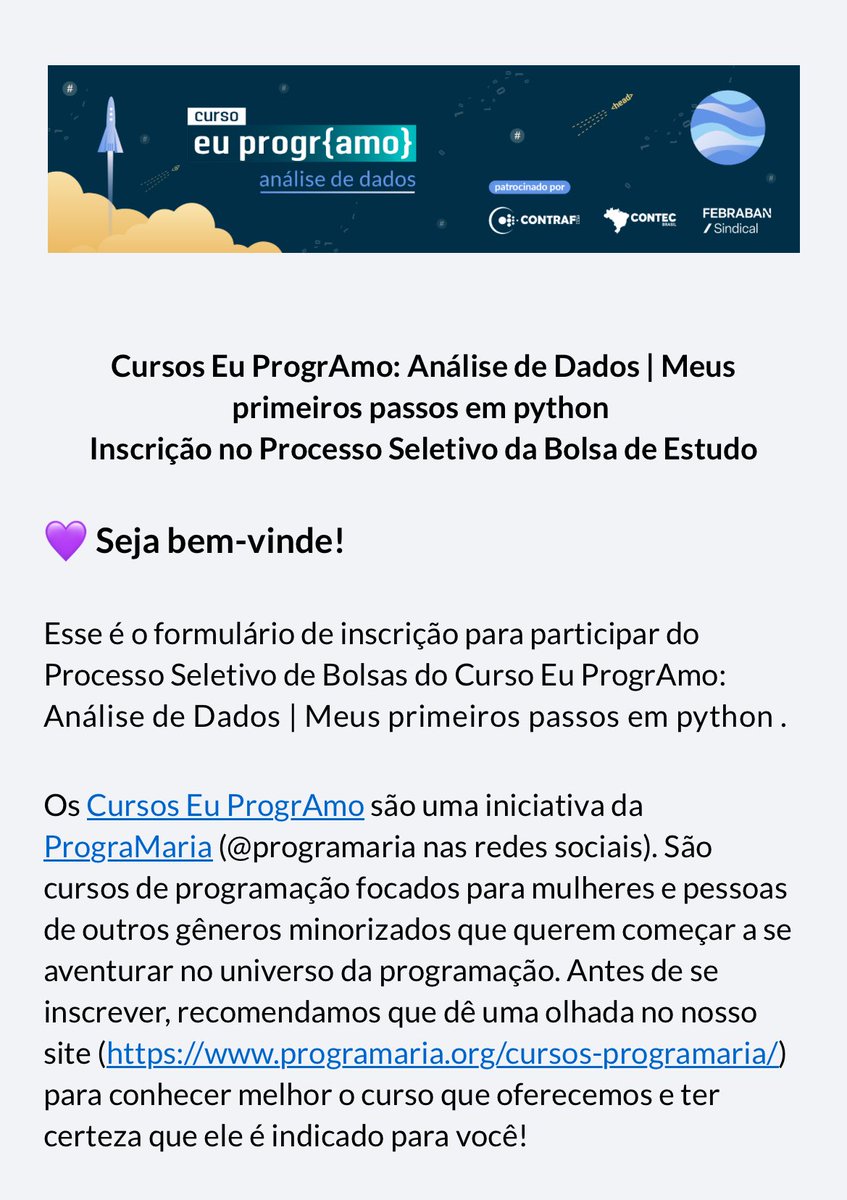 knstudy_'s tweet photo. O PrograMaria está oferecendo 1.000 bolsas para o Curso Eu ProgrAmo: Análise de Dados | Meus primeiros passos em Python.

As bolsas são destinadas a mulheres e pessoas de gêneros minorizados que querem entrar na tecnologia.

Link de inscrição: https://t.co/ZJAR7rWUmo https://t.co/t7SmzxnoFr