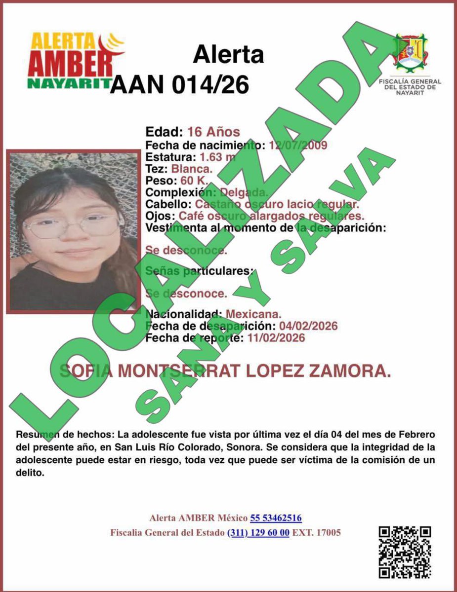 Localiza AMIC a menor con Alerta Amber Nayarit en San Luis Río Colorado; se encontraba con su pareja

San Luis Río Colorado, Sonora, 15 de febrero de 2026.- La Agencia Ministerial de Investigación Criminal (AMIC) localizó con vida y en buen estado de salud a Sofía Montserrat, de