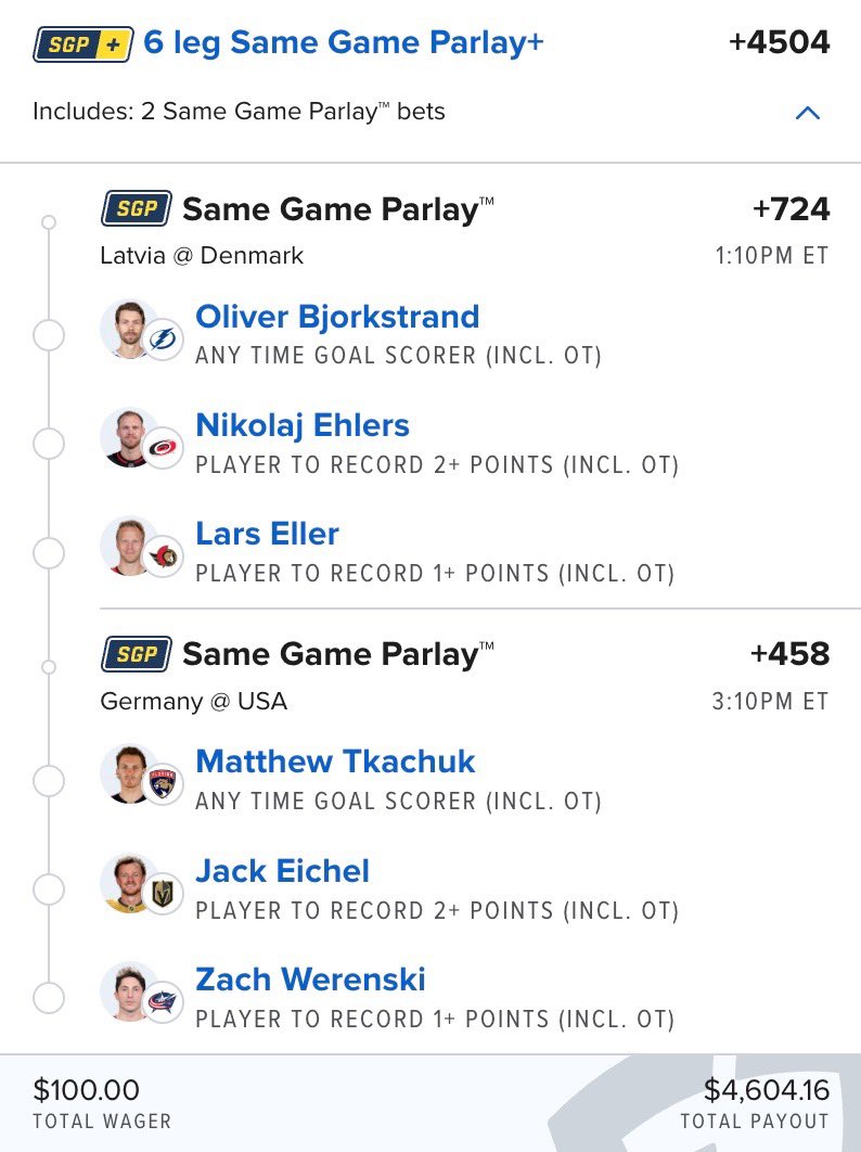 🤝 COLLAB PLAY 🤝

@IceCapoBets
<a href="/Chroko00/">Chro</a>
<a href="/SynBets/">SYN</a>
@BigFootBetsVip

We cooked up a 6-leg SGP+ for the real ones 😈🔥

🇩🇰 Bjorkstrand anytime
🇩🇰 Ehlers 2+ pts
🇩🇰 Eller 1+ pt

🇺🇸 Tkachuk anytime
🇺🇸 Eichel 2+ pts
🇺🇸 Werenski 1+ pt

$100 ➡️ $4,604 💰