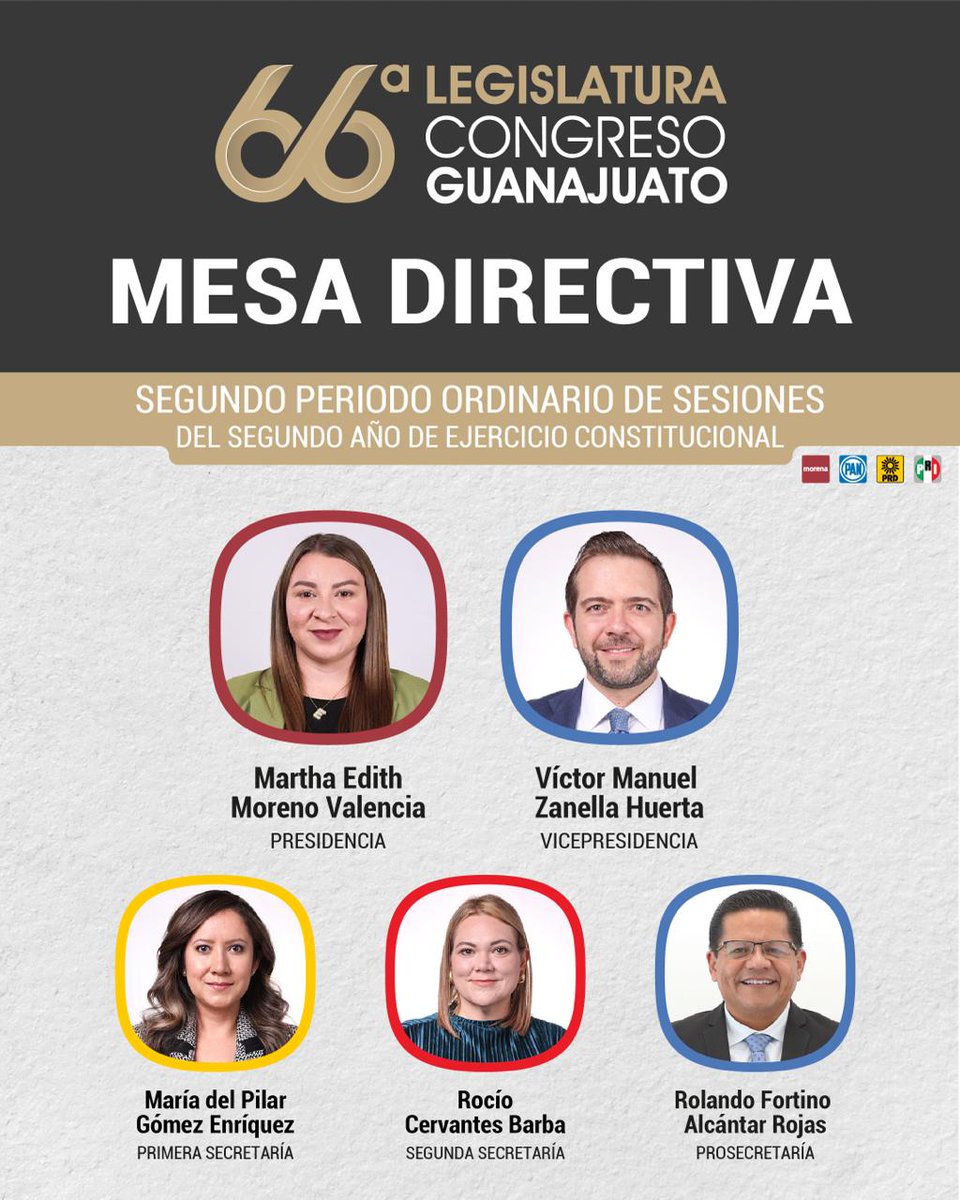 #JuntaPreparatoria 🏛️🗳️| Integración de la Mesa Directiva que fungirá durante el Segundo Periodo Ordinario de Sesiones correspondiente al Segundo Año de Ejercicio Constitucional.

Presidencia: Dip. <a href="/EdithMorenoGto/">Edith Moreno</a>
Vicepresidencia: Dip. <a href="/VictorZanella/">Víctor Zanella Huerta</a>
Primera secretaría: Dip.