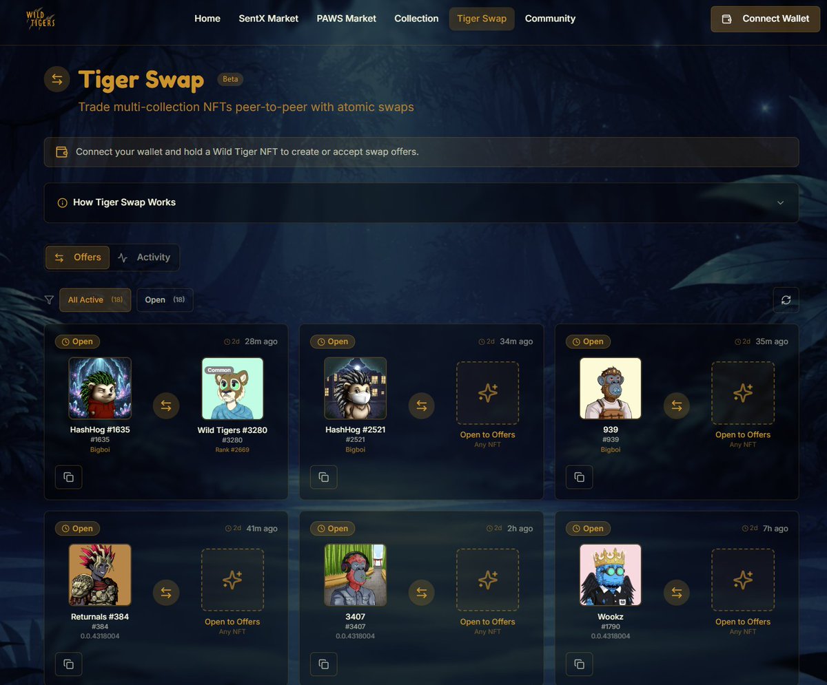 Wild Tigers Dapp is 🔥
Multi-collection NFT swaps are now live on Hedera.
Build or be forgotten.