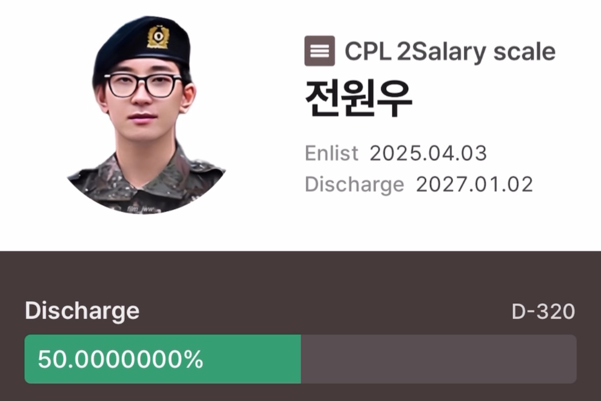 wonwoo is already at 50% of his military service! 😭 we are halfway thereeeee! 🪖

hwaiting, jeon wonwoo~~~