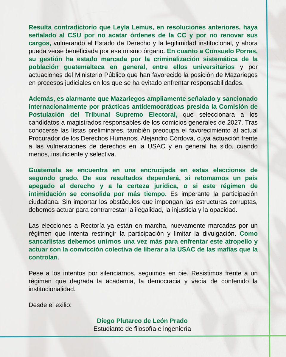 "​"Resistimos frente a un régimen que degrada la academia y vacía de contenido la institucionalidad" ✊🏼

​Hoy más que nunca, la USAC y Guatemala necesitan de nuestra voz y acción para contrarrestar la ilegalidad.