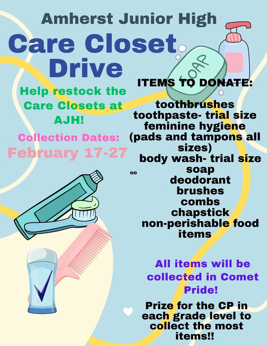 ajhpto's tweet photo. 🧼 AJH Care Closet Drive 🪥

Feb 17–27
See flyers for details!

Drop items in Comet Pride! 🏆 Prize for top CP in each grade! 💚 #AJH #CareCloset https://t.co/8HKisJMohd