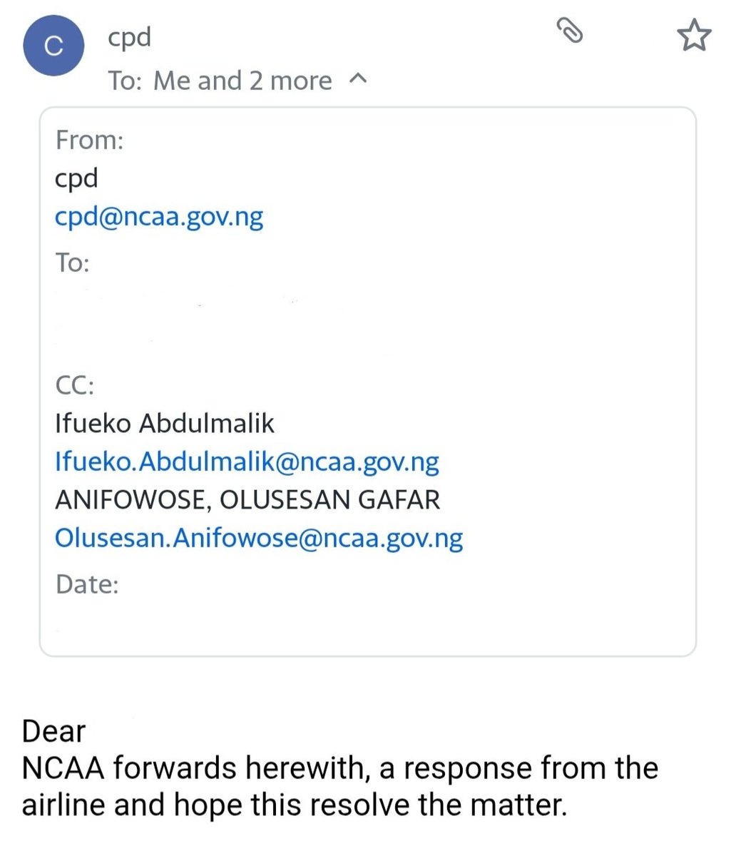 lanremed's tweet photo. I regret to say that based on my personal experience with the @cpdncaa. In incidents where the flight originates or terminates outside Nigeria, NCAA is more likely to act in support of the airline rather than the passenger.

If you involve them, you are unlikely to get resolution https://t.co/fXvdPkEVka
