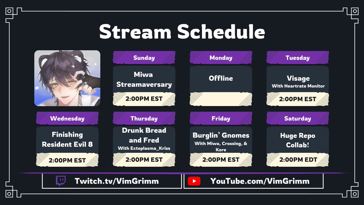 This weeks stream schedule! SO MANY FUN THINGS! <a href="/VTMiwa/">Miwa</a> Streamaversary, A bunch of collabs, and finally finishing the Resident Evil Series!!! #VTuberUprising #ENVtuber #vtuber