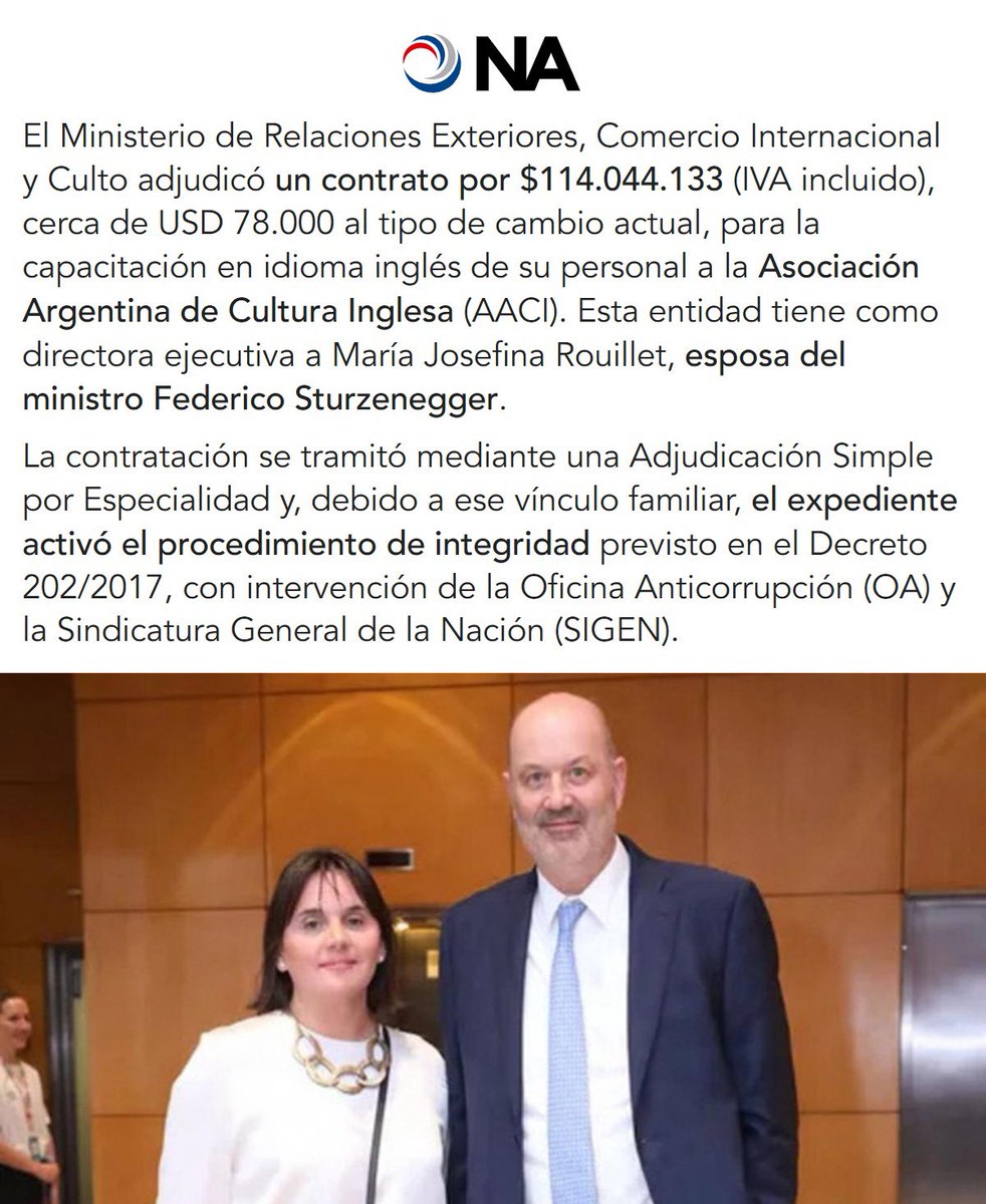 "Sturzenegger":
Porque informan que Cancillería adjudicó un contrato de 114 millones de pesos a una entidad que dirige su esposa