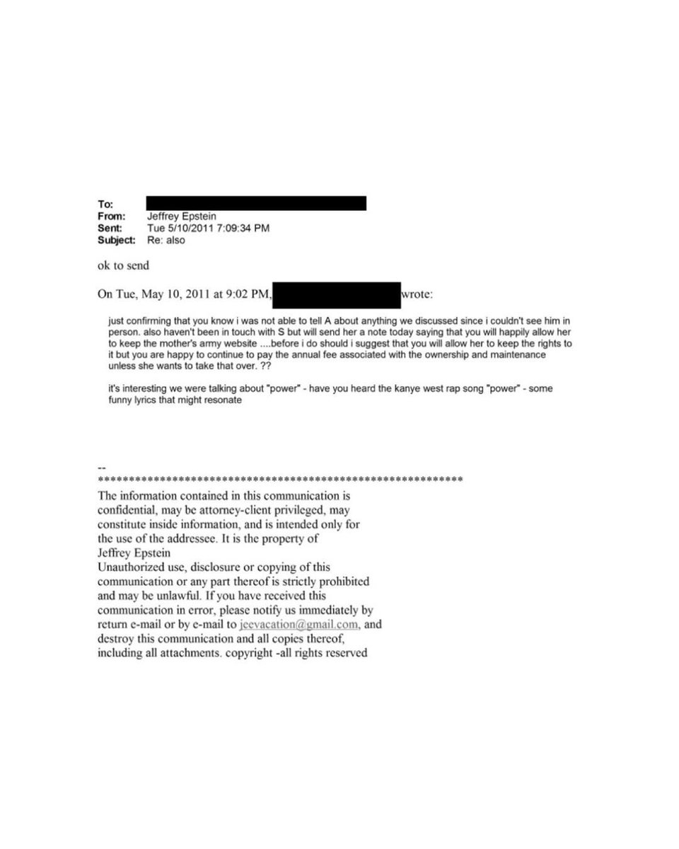 infolky's tweet image. Kanye West was only mentioned once in the newly released Epstein Files — and it wasn’t about any involvement with Jeffrey Epstein, but rather how his song “Power” was referenced in relation to influence and power.