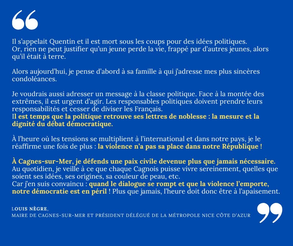 LouisNegreCSM's tweet image. #Réaction - Il s’appelait #Quentin et il est mort, frappé alors qu’il était à terre. Or, rien ne peut justifier cela. Face à la montée des extrêmes, il est urgent d’agir. Car quand le dialogue se rompt et que la violence l’emporte sur le débat, notre démocratie est en péril !