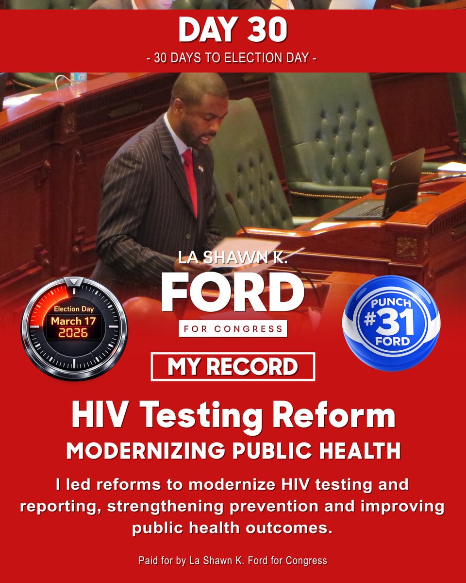 Early voting is underway.

I led reforms modernizing HIV testing and reporting laws in Illinois, strengthening prevention and updating public health policy.

Experience matters.
March 17 | Punch #31

#MyRecord #PublicHealth #FordForCongress