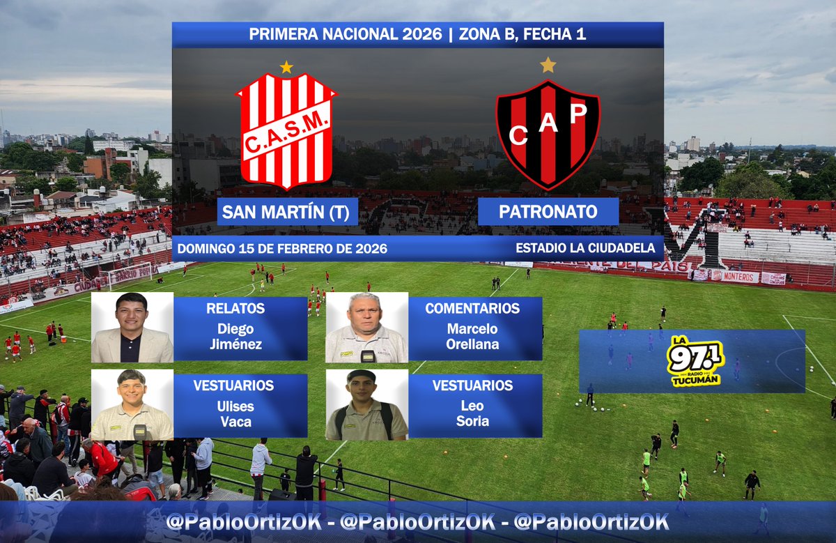 #PrimeraNacional🇦🇷 | #SanMartínTuc vs. #Patronato
🎙️ Relata: <a href="/JimenezDiegol/">Diegol Jimenez</a> 
🎙️ Comenta: <a href="/MarceOrellana70/">Marcelo Orellana</a> 
🎙️ Vestuarios: <a href="/__ulisesvaca/">Ulises Vaca</a> y Leo Soria
📻: <a href="/RadioTucuman971/">🎤 La 97.1 RadioTucumán</a>
<a href="/SDeportivamente/">SabeloDeportivamente</a>