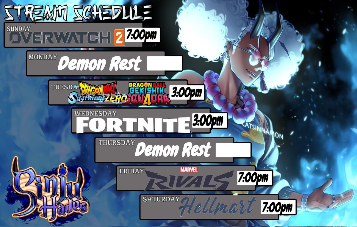 Good morning, my imps

It's starting to warm up alil outside, so we can touch some grass alil bit
But for the schedule, we got

Overwatch🦸‍♂️
Dbz day🤜🏾💥🤛🏾
Fortussy☠️👿
Rivals collab🦸‍♂️
Hellmart🍔🍟🍕