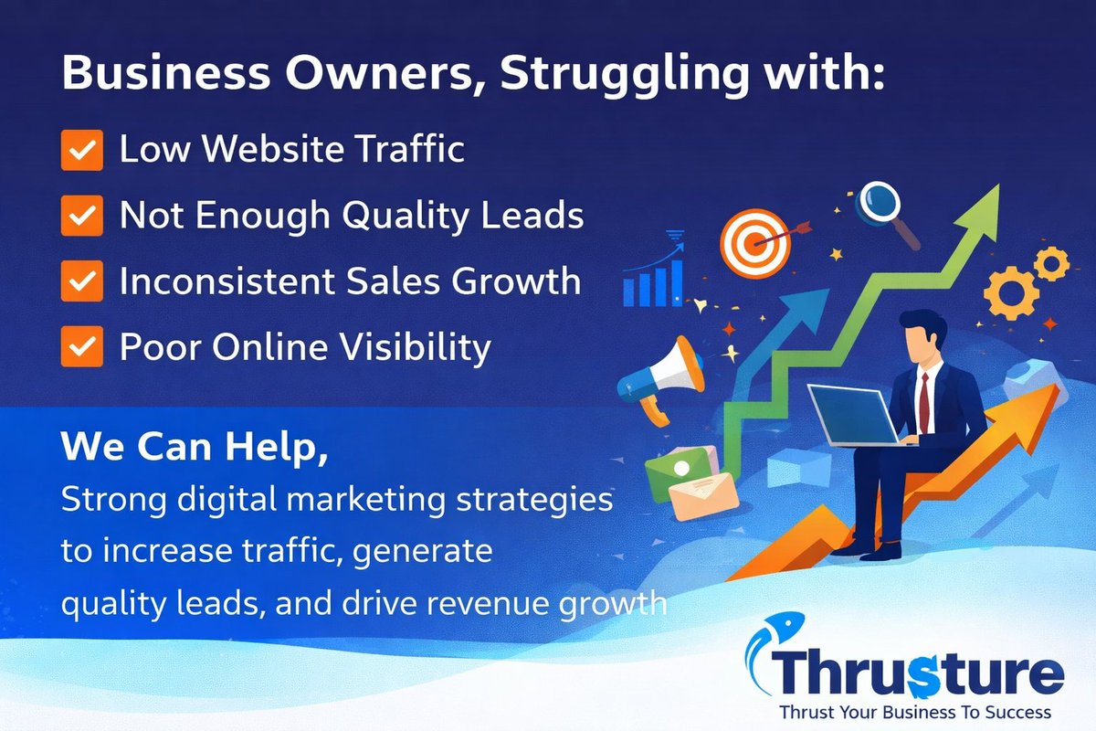thrusture's tweet photo. Business owners expanding but struggling with low traffic, poor leads &amp; inconsistent growth?

The right #digitalstrategy changes everything. We help businesses increase visibility, generate quality leads &amp; grow revenue. Visit - https://t.co/FoUnEUeoyH

#DigitalMarketing https://t.co/KyxRTPQAXr