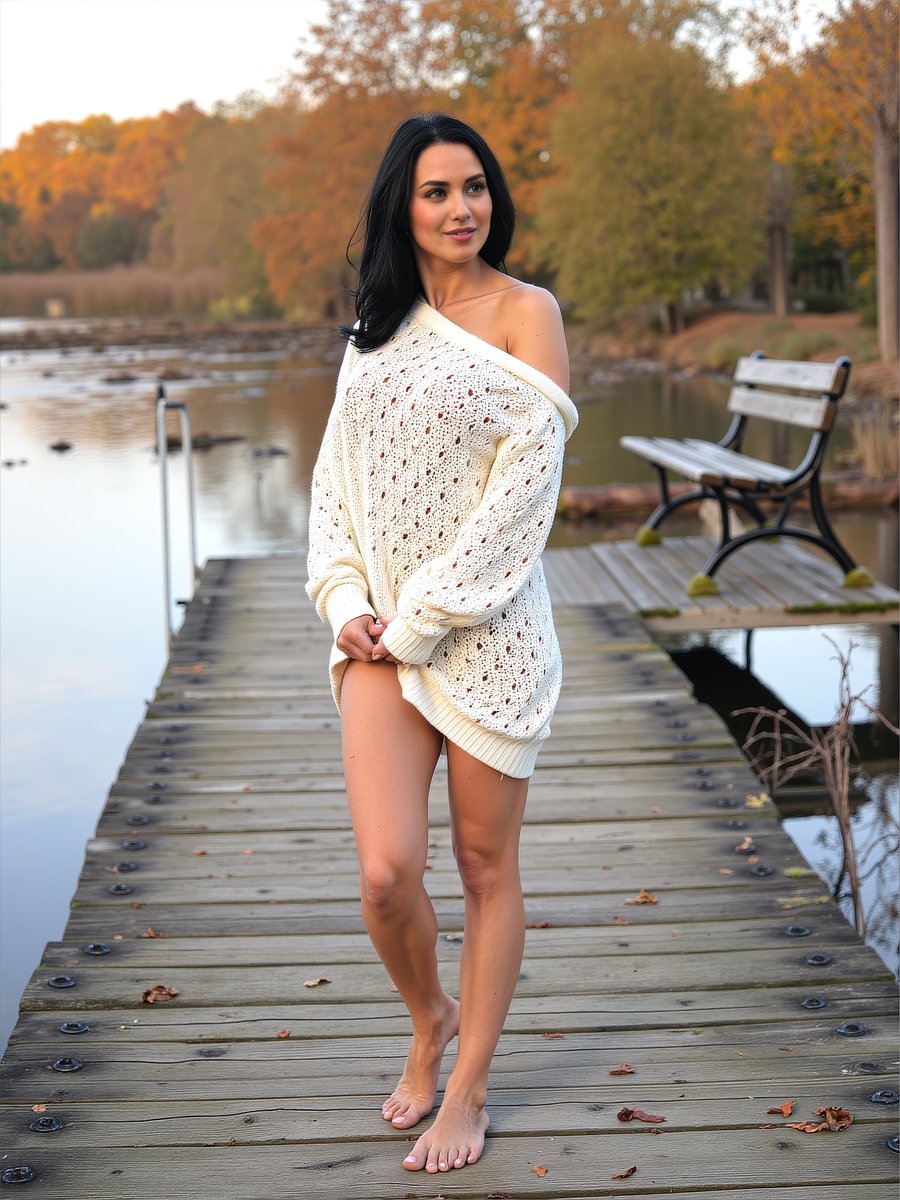 Paattii_25's tweet photo. Embracing golden autumn serenity in this oversized knit dream Off-shoulder coziness, barefoot on the dock, soaking in the crisp air and lake whispers โ who's joining me for quiet fall magic? #AutumnVibes #OffShoulderKnit #LakesideGlam #CozyFashion #FallStyle #BarefootBeauty #GoldenHourGlow #VirtualInfluencer #AIBeauty #NatureLover #SereneMoment #DigitalGlam #FashionInspo #EmpoweredBeauty #KnitDress