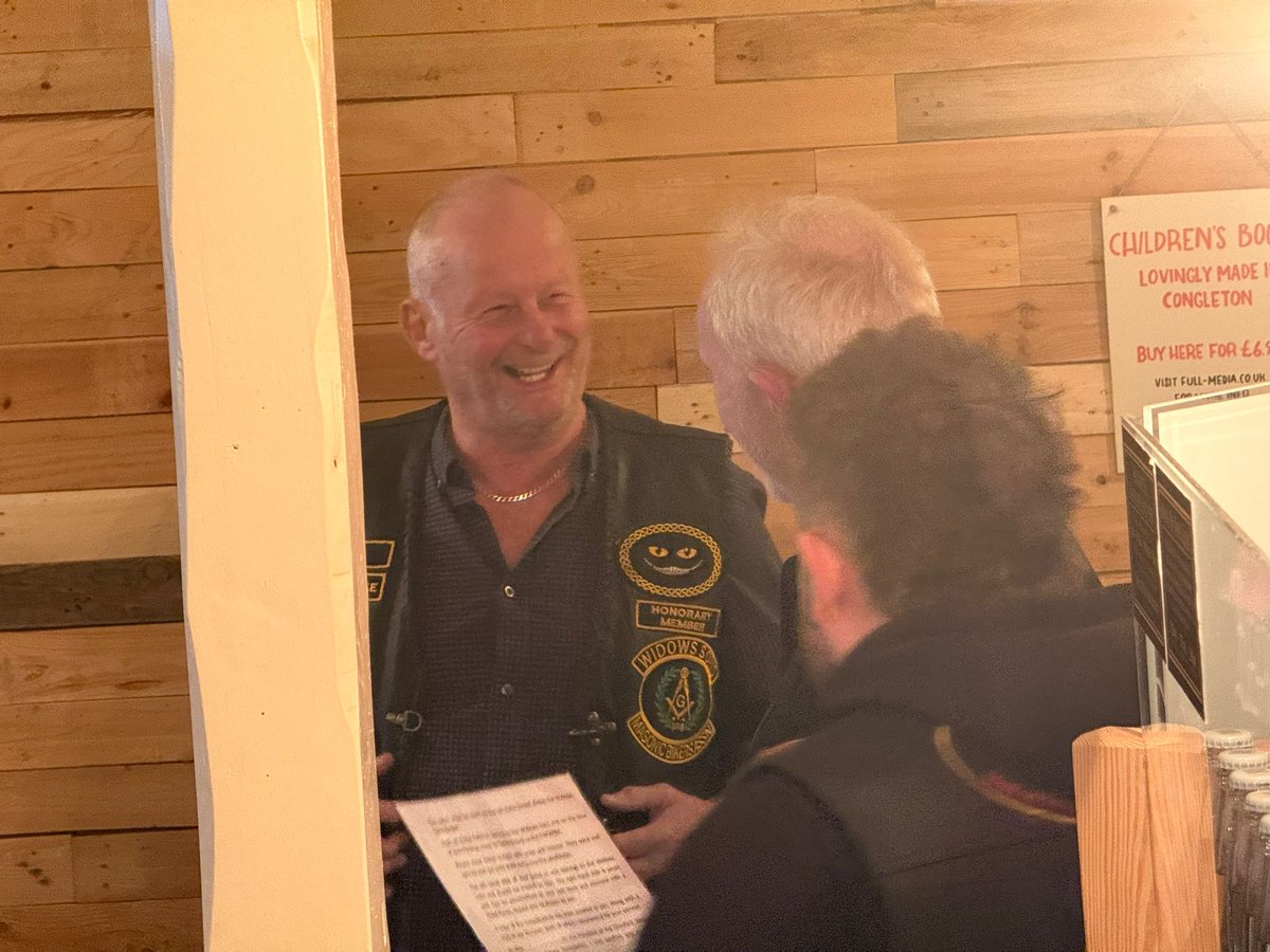 cwsmba's tweet photo. Monthly breakfast at Bear Grills Café, Congleton. Always a special occasion including family &amp; friends. We were joined by our 1st Honorary member the @CheshirePgm who assisted patching our newest member of the Chapter. A lovely way to spend Sunday morning with @CheshireMasons https://t.co/ajOwXJNrMi