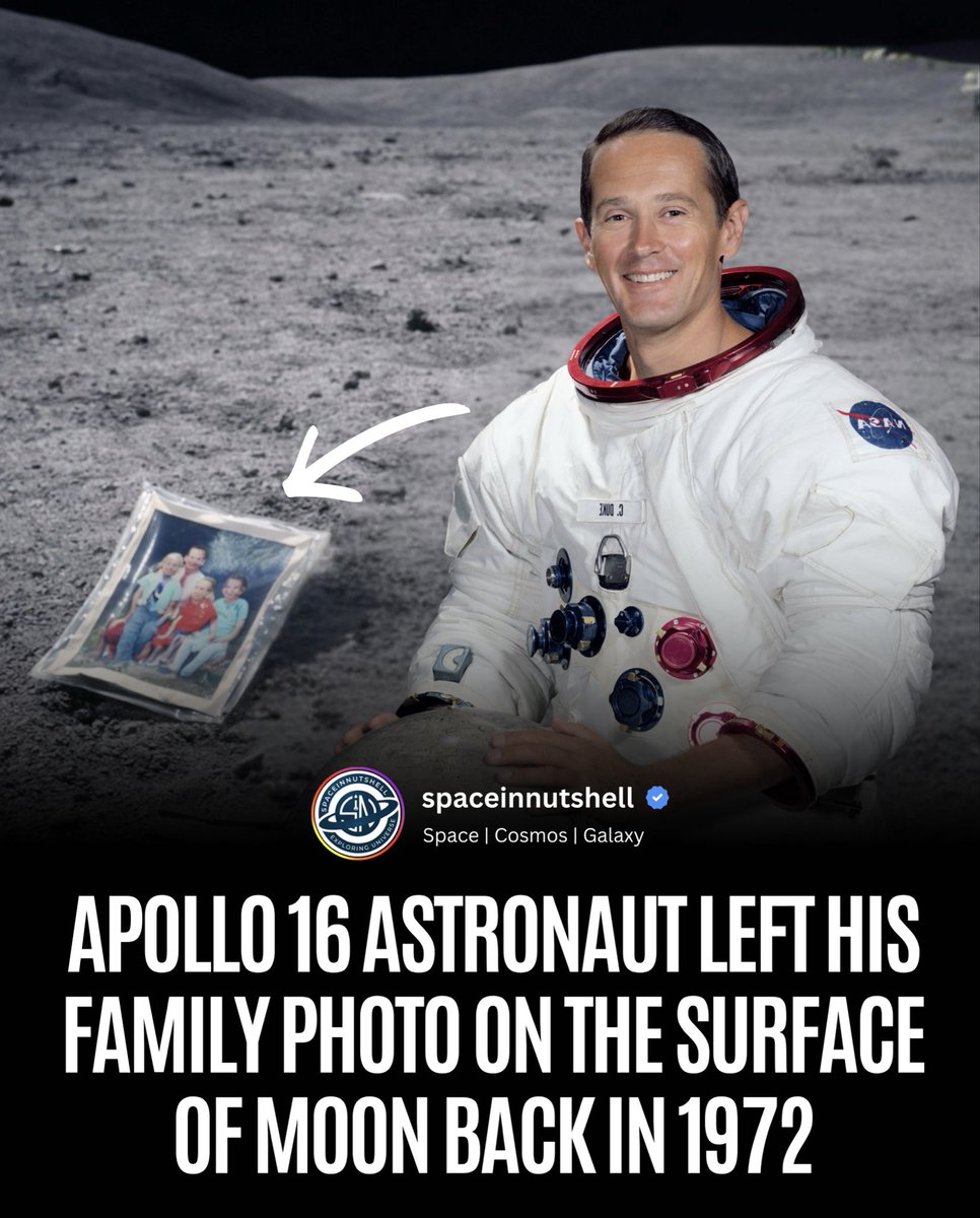 spaceinnutshell's tweet photo. Charles Moss Duke Jr. who served as the Lunar Module Pilot for Apollo 16 in April 1972, became the 10th person to walk on the Moon.

To get his sons, excited about his mission, he asked them if they wanted to “go to the Moon” with him by being in a photo he would leave there. https://t.co/FkcV67OxIO