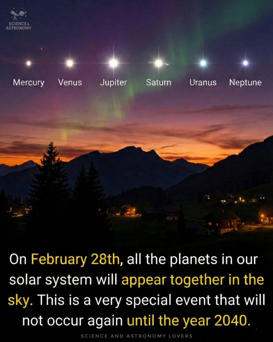 Guys saw this on FB and just wanted to share for those who enjoy space. 👇

February 28 – Six Planet Alignment After Sunset! ✨🌌

Mark your calendars! On February 28, a beautiful six-planet alignment will decorate the evening sky just after sunset. 

Planets including Mercury,