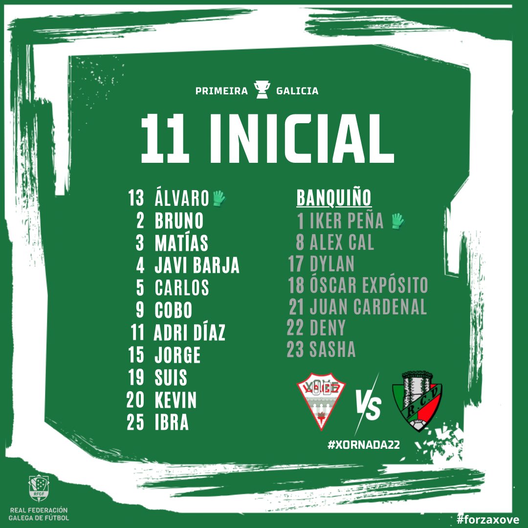 1️⃣1️⃣ Inicial de 🗣️Piru

⚽️UD Xove Lago 🆚 RC Villalbés “B”

#forzaxove💚⚪️