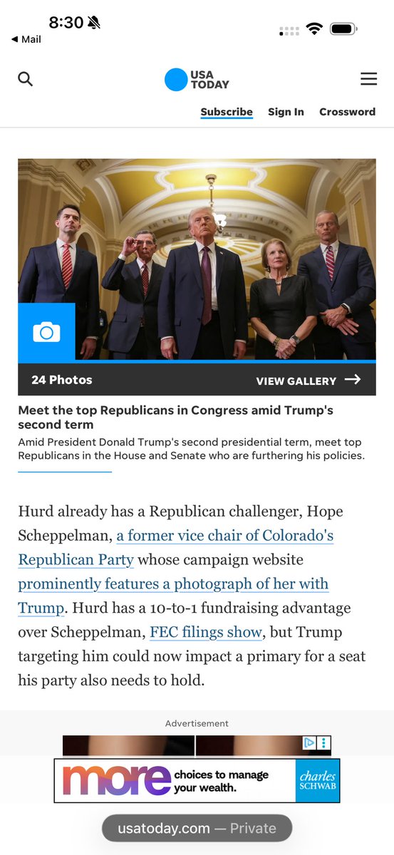 🚨 USA TODAY just confirmed it: <a href="/RepJeffHurd/">Rep. Jeff Hurd</a>  is in trouble.

“Hurd already has a Republican challenger, Hope Scheppelman, a former vice chair of Colorado’s Republican Party whose campaign website prominently features a photograph of her with Trump.”

That’s me.

And here’s why