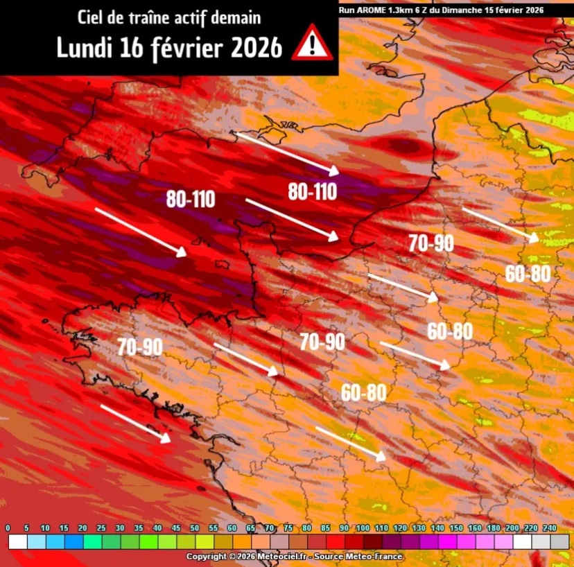 CIEL DE TRAÎNE ACTIF DEMAIN - LUNDI 16
FEVRIER 2026
Un flux dynamique balaye la France avec des rafales à 80-110 km/h sur une grande partie du pays!
➡️70-90 km/h du nord au sud-ouest
➡️60-80 km/h ailleurs.