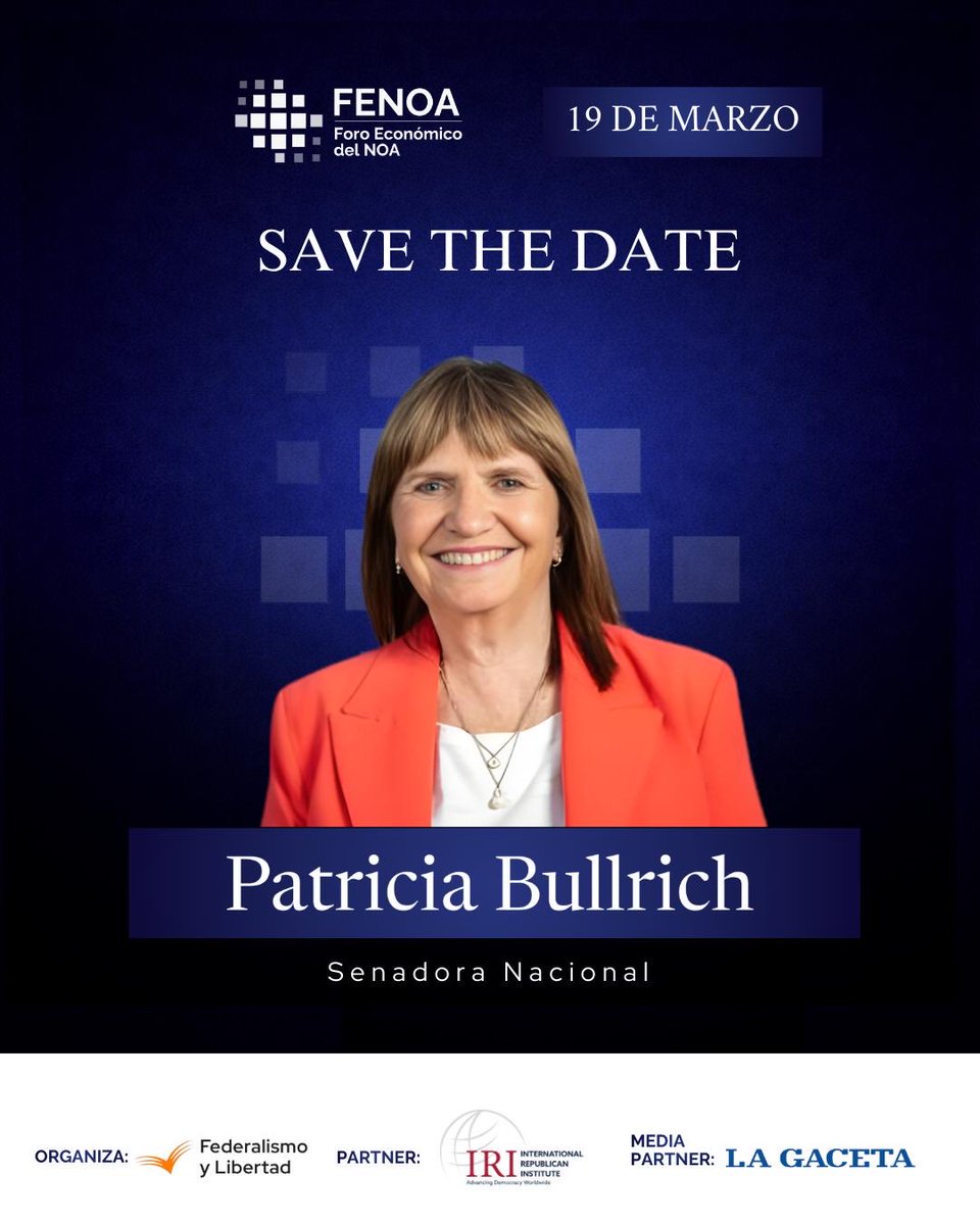 #FENOA2026 se viene 🔥
El 19 de marzo nos acompañará <a href="/PatoBullrich/">Patricia Bullrich</a>, Senadora Nacional, en una jornada clave para el futuro del país.

Llega el evento socioeconómico y empresarial más importante del Norte Argentino, un espacio de encuentro para líderes, empresarios y referentes