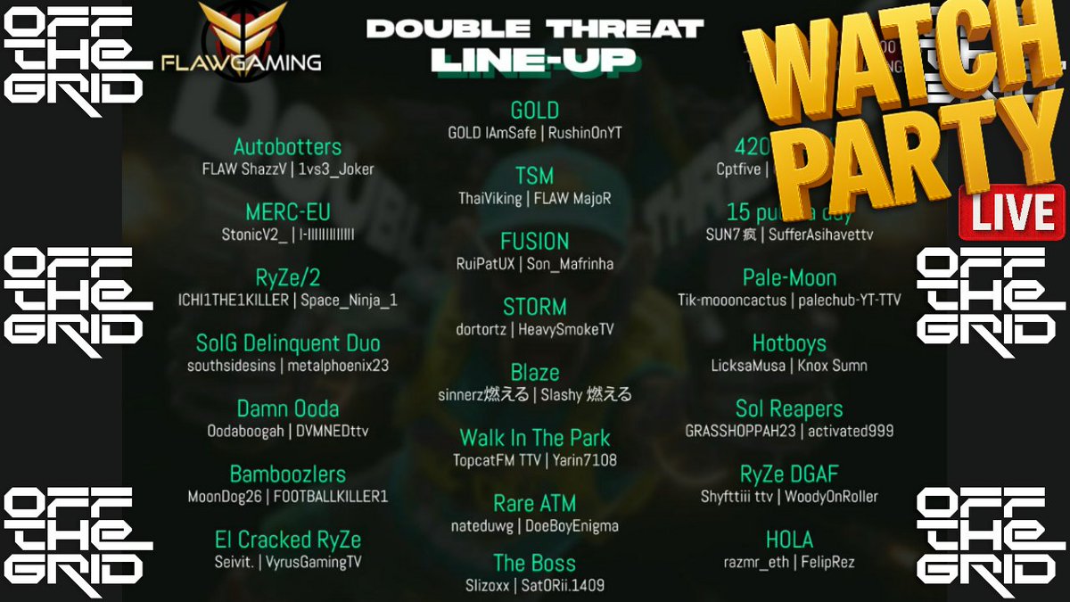 I am watching the Flaw Duo Tournament!🏆

Catch the action watch the best Off The Grid competitive there is!📸🦾

Official Casting🔗twitch.tv/flawgaminghq
My Watch Party🔗twitch.tv/eastn7