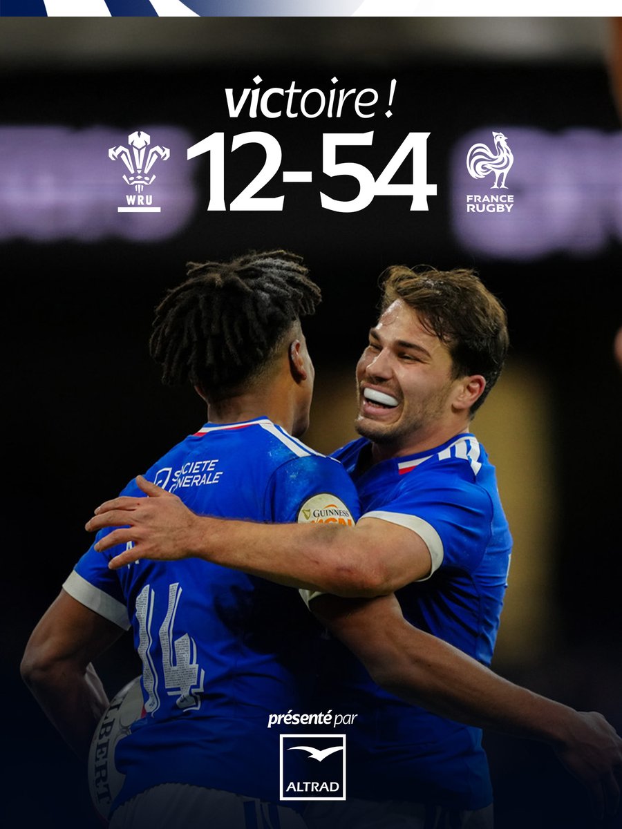 😍 𝗩𝗜𝗖𝗧𝗢𝗜𝗥𝗘 des Bleus à Cardiff !

8 essais inscrits, du caractère et une deuxième victoire dans ce <a href="/SixNationsRugby/">Guinness Men's Six Nations</a> !

Notre #XVdeFrance frappe fort en terre galloise. 🔥
 
#GALFRA