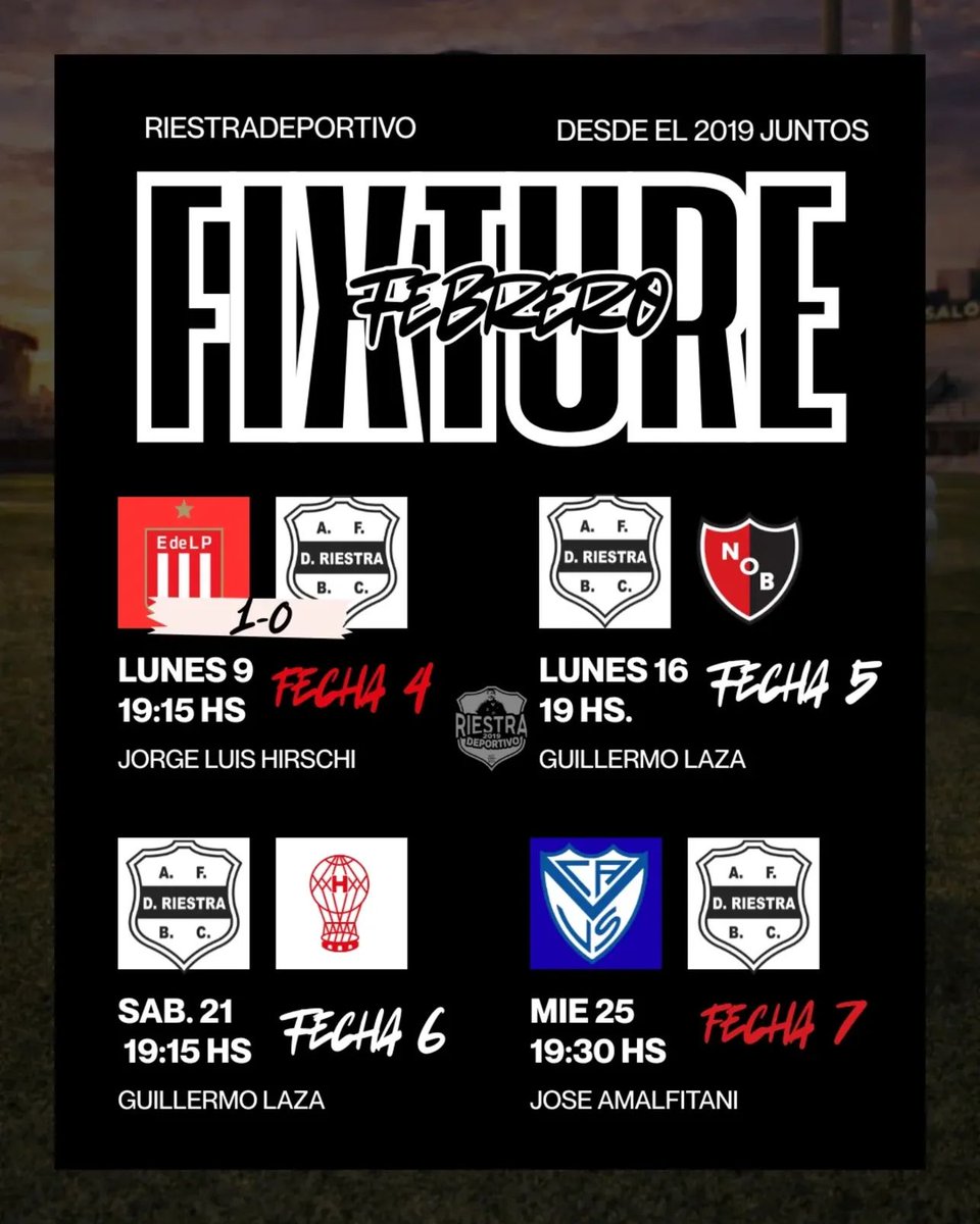 🏆 APERTURA 2026

🗓️ Así será el fixture que le queda a #Riestra, en este mes de febrero, dónde debera enfrentar a #Newells, #Huracan y #Vélez, de los cuales 2 partidos son de local y uno de visitante.

📷 RIESTRA DEPORTIVO