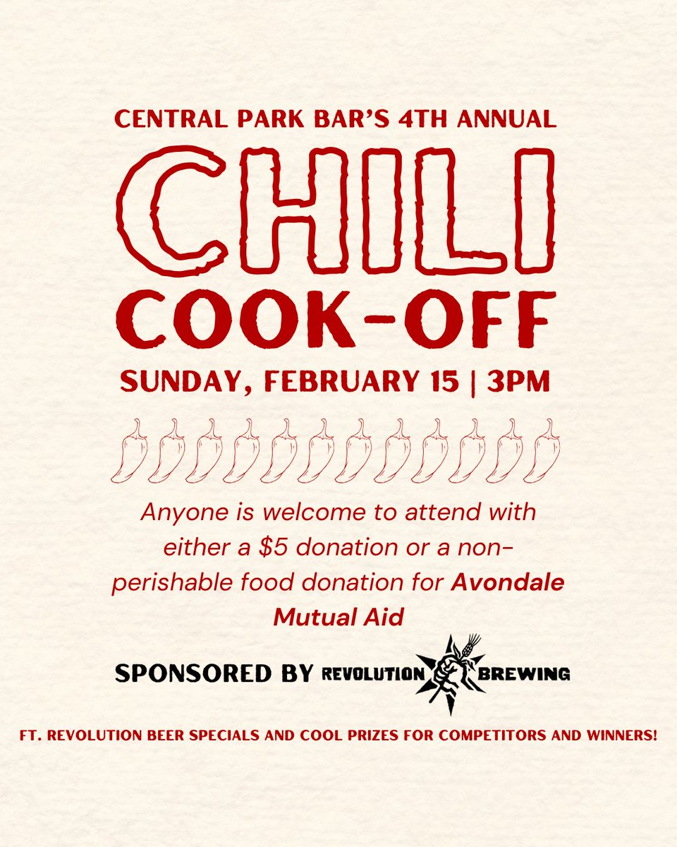 We'll see you this afternoon for our 4th annual Chili Cook-Off! Anyone is welcome to attend and try chili from any of our 12 competitors, with either a $5 donation or a non-perishable food donation for Avondale Mutual Aid

Sponsored by @revbrewchicago!