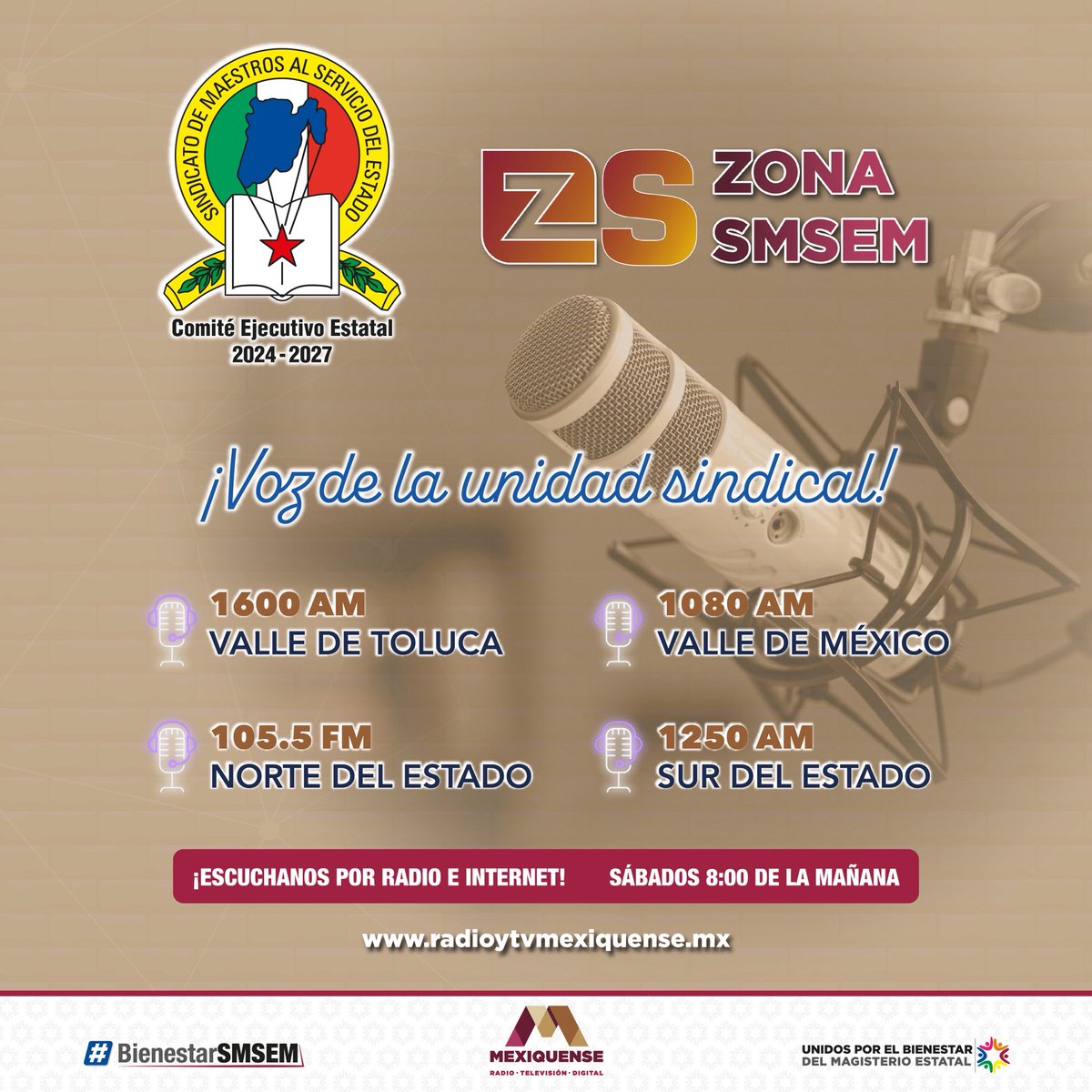 La voz del gremio educador de la entidad tiene un espacio radiofónico. Sintonízanos los sábados en las frecuencias del Sistema Mexiquense de Medios Públicos y escucha el contenido informativo, cultural, tecnológico, ecológico y pedagógico que preparamos para ti.